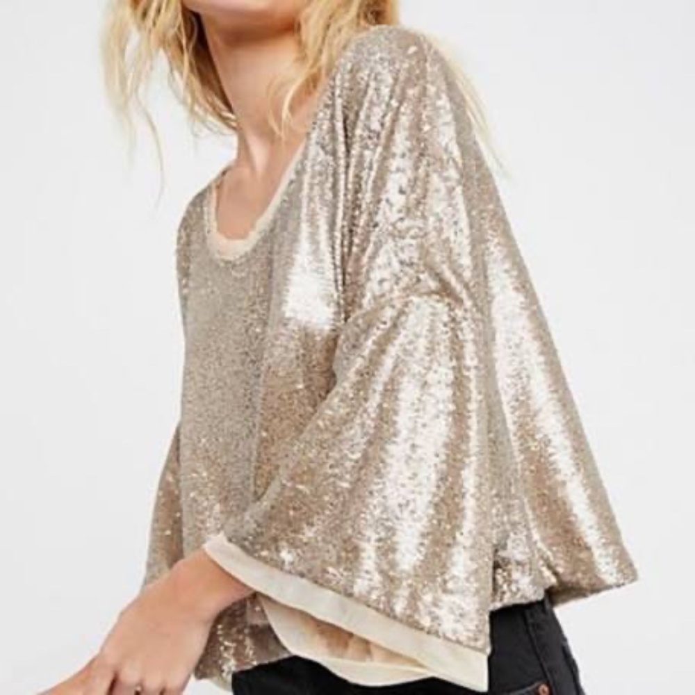 FP | Champagne Dreams Sequined Slouchy Dolman Cropped Boxy Blouse